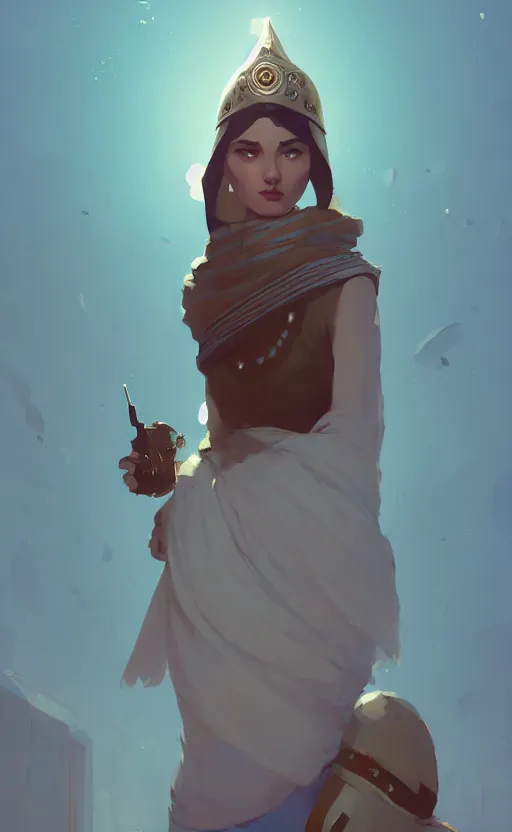 Image similar to female ottoman princess by atey ghailan, by greg rutkowski, by simon stalenhag, by greg tocchini, by james gilleard, by joe fenton, by kaethe butcher dynamic lighting, gradient light blue, brown, blonde cream and white color scheme, grunge aesthetic