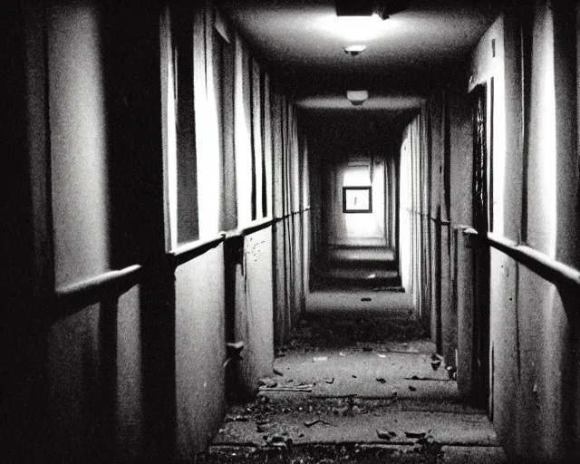 Prompt: dark abandoned hallway at night, a glimspe of something sinister, letterboxing, widescreen, 40mm tape, technicolour film, grainy, horror