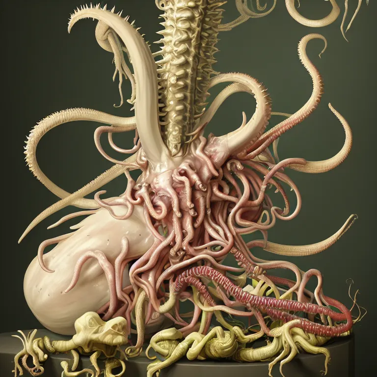 Prompt: still life of white xenomorph, beautiful pastel color tropical flowers, glossy metallic human spine, spiky tentacles, tropical fruit, human body parts, colorful mold, baroque painting, beautiful detailed intricate insanely detailed octane render, 8K artistic photography, photorealistic, perfect composition, golden ratio, chiaroscuro, Raphael, Caravaggio