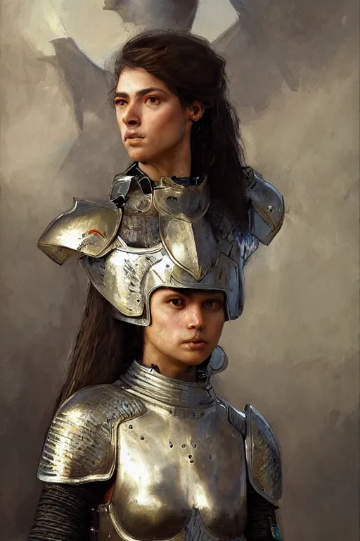 Image similar to an upper body portrait of a female knight, oil painting, by Fernanda Suarez and and Edgar Maxence and greg rutkowski and julie bell