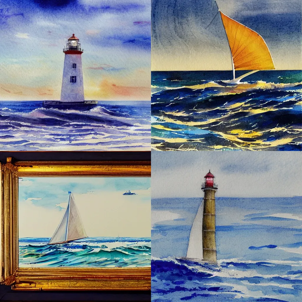 Prompt: A highly detailed serene sketch of a stunning lighthouse, sole sailboat gliding in the wind, rippling oceanic waves, by Orris Moe, masterpiece, vibrant watercolor painting.