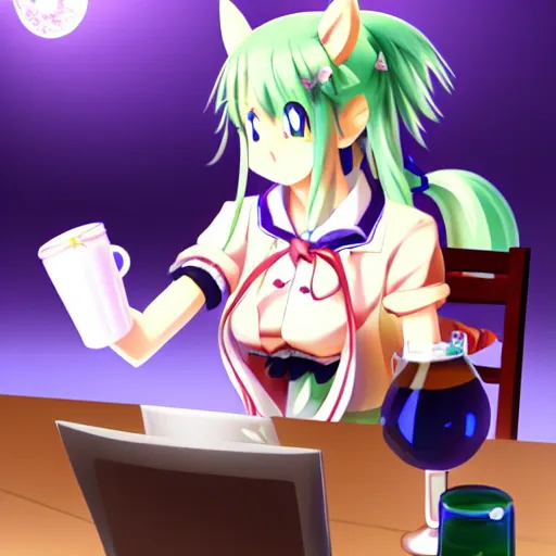 Image similar to suika ibuki from touhou project drinking beer and sitting at a computer, anime art, touhou project, suika, imageboard, personal computer, amazing composition