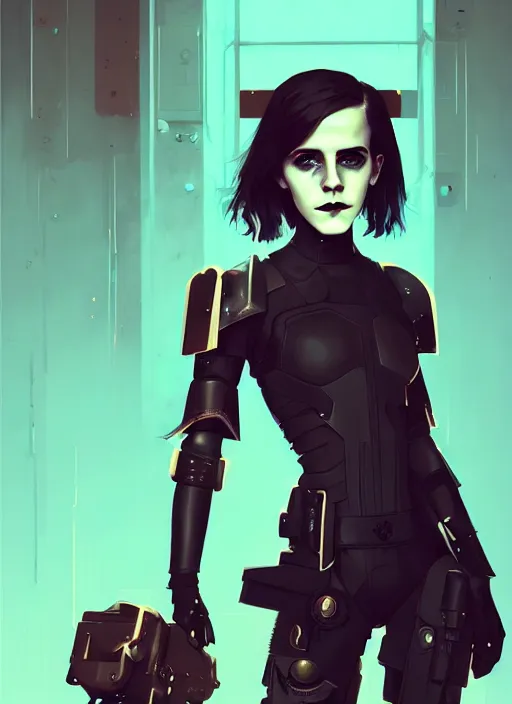 Prompt: portrait of cute goth emma watson in cyber armor, warhammer, cyberpunk, by atey ghailan, by greg rutkowski, by greg tocchini, by james gilleard, by joe fenton, by kaethe butcher, by gustav klimt, dynamic lighting, gradient light blue, brown, blonde cream and white color in scheme, grunge aesthetic