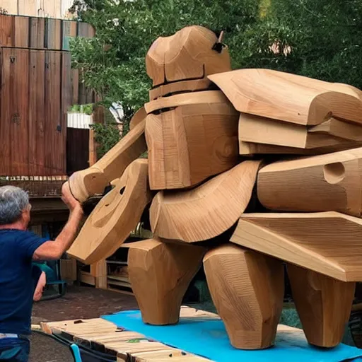 Prompt: photo of beavers making a large wooden sculpture of ironman,