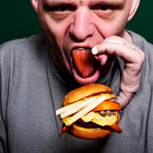 Image similar to a high resolution 4k photograph of John Joseph, the singer of the cromags, shoving a cheeseburger into his mouth