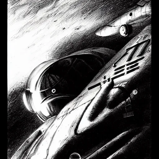 Prompt: a black and white les edwards sci - fi style pilot, ink drawing, smooth, sharp focus, vibrant volumetric natural light.