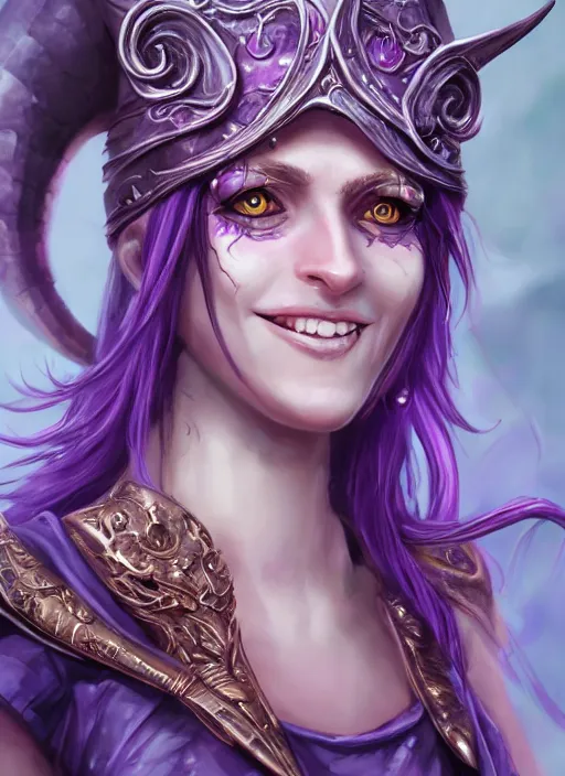 Prompt: purple skin, Tiefling Pirate, laughing, beautiful detailed eyes, cute, fantasy, intricate, elegant, highly detailed, digital painting, 4k, HDR, concept art, detailed jewelry, smooth, sharp focus, illustration, by Wayn Reynolds