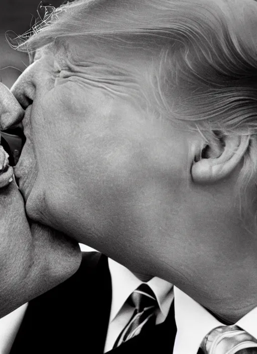 Prompt: beautiful high quality romantic portrait photo of donald trump kissing donald trump. hq. donald trump and donald trump kissing on the lips. two donald trumps kissing each other. donald trump passionately kissing donald trump.