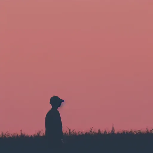 Prompt: view of the horizon of a japanese crop field, sun setting, sky is dark deep red, hazy vignette, silhouette of a man walking down the middle of the field towards viewer, few colors digital art