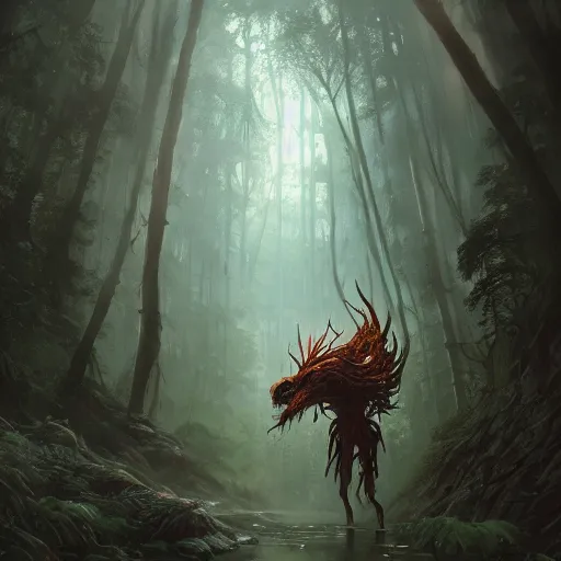 Image similar to highly detailed creepy forest humanoide creature in robes, stephen bliss, unreal engine, fantasy art by greg rutkowski, loish, rhads, ferdinand knab, makoto shinkai and lois van baarle, ilya kuvshinov, rossdraws, tom bagshaw, global illumination, radiant light, detailed and intricate environment