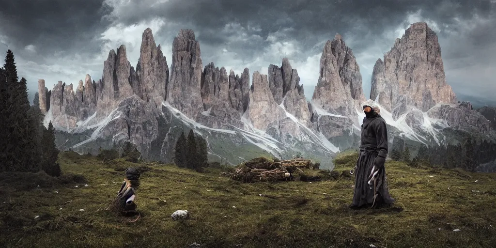 Image similar to alpine farmer transforming into a monster ,roots and hay coat, dolomites in background, dark, eerie, despair, portrait photography, artstation, digital art, concept art, artstation, highly detailed, sharp focus, by caravaggio