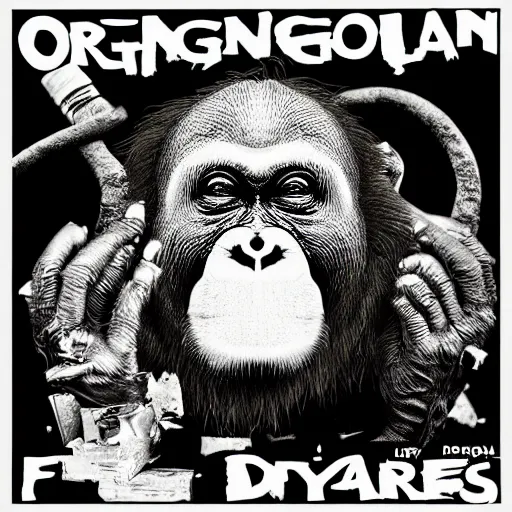 Image similar to orangutan in the style of dirty rhymes & psychotronic beats album cover by pungent stench