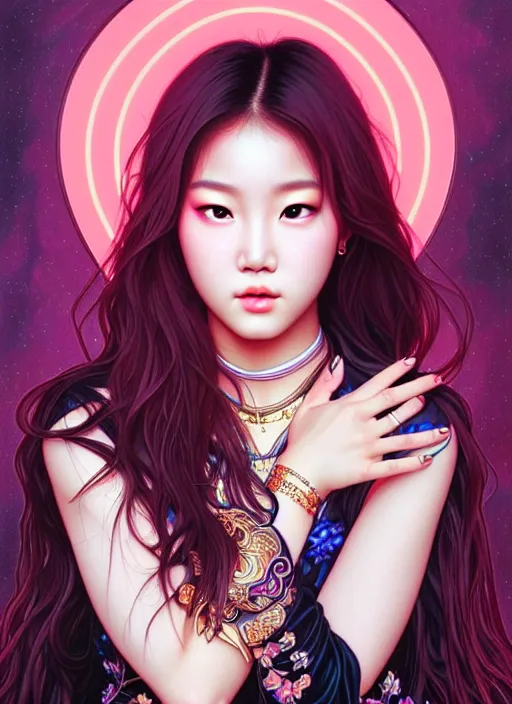 Image similar to roseanne park of blackpink, tarot card, highly detailed, digital painting, smooth, sharp focus, illustration, ultra realistic, 8 k, art by artgerm and alphonse mucha