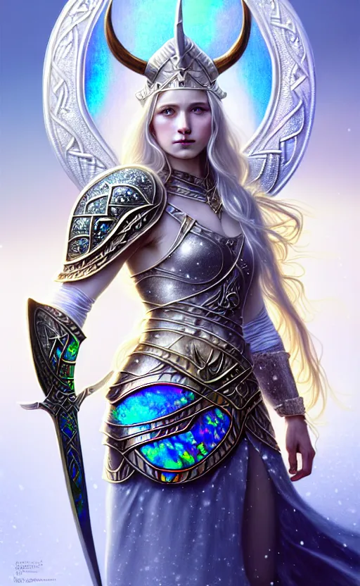 Image similar to iridescent opal viking warrior, regal, elegant, winter, snow, beautiful, stunning, hd, illustration, epic, d & d, fantasy, intricate, elegant, highly detailed, wide angle, digital painting, artstation, concept art, smooth, sharp focus, illustration, wallpaper, art by artgerm and greg rutkowski and alphonse mucha and jin xiaodi