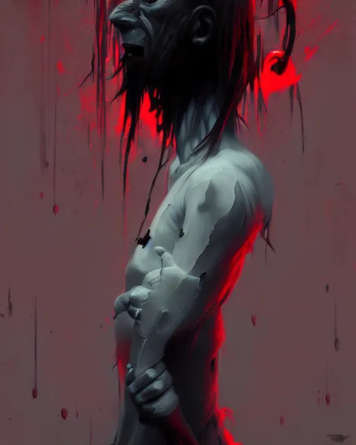 Image similar to disturbing grunge image of a demon infested humanoid. horror airbrush art, by atey ghailan, by greg rutkowski, by greg tocchini, by tom bagshawred, black, crimson and grey color scheme