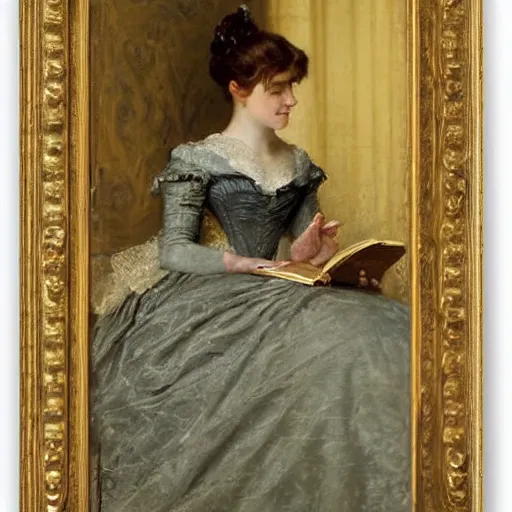 Prompt: young victorian lady in ball gown reading a book, painted by alfred stevens