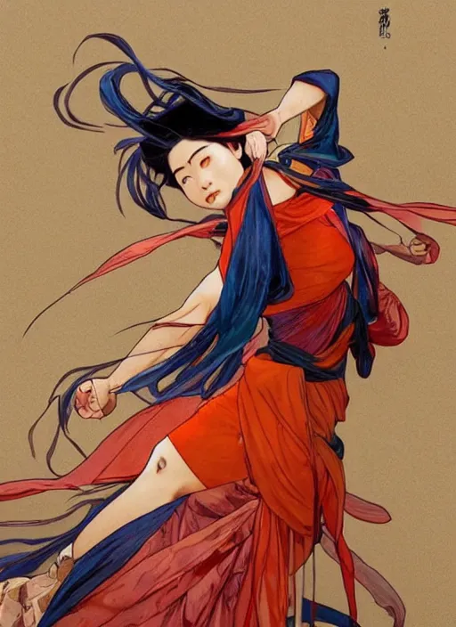 Image similar to mulan, orange spike aura in motion, damaged japanese clothes, floating pieces, painted by art by tsuyoshi nagano, greg rutkowski, artgerm, alphonse mucha, spike painting