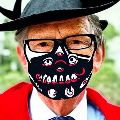 Prompt: a demon wearing a mask with the face of bill gates.