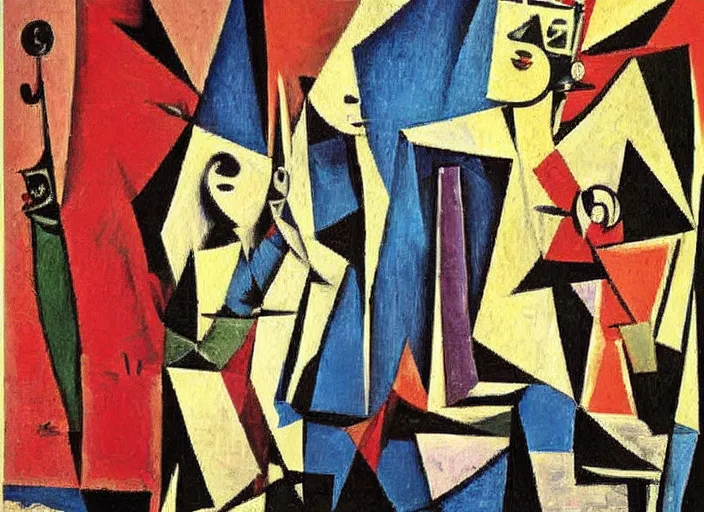 Prompt: a painting of a rock band by picasso