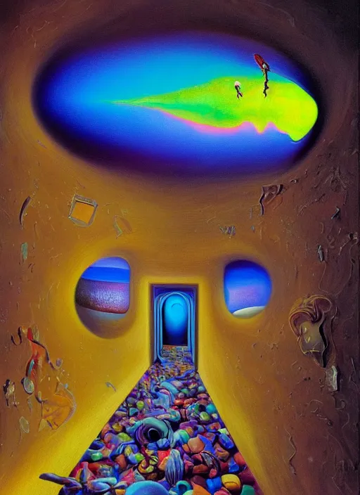 Prompt: an extremely high quality hd surrealism painting of a 3d slow-shutter galactic neon complimentary colored cartoon surrealism melting optical illusion hallway by kandsky and salviadoor dali the seventh, salvador dali's much much much much more talented painter cousin, 4k, ultra realistic, super realistic, surreautistic