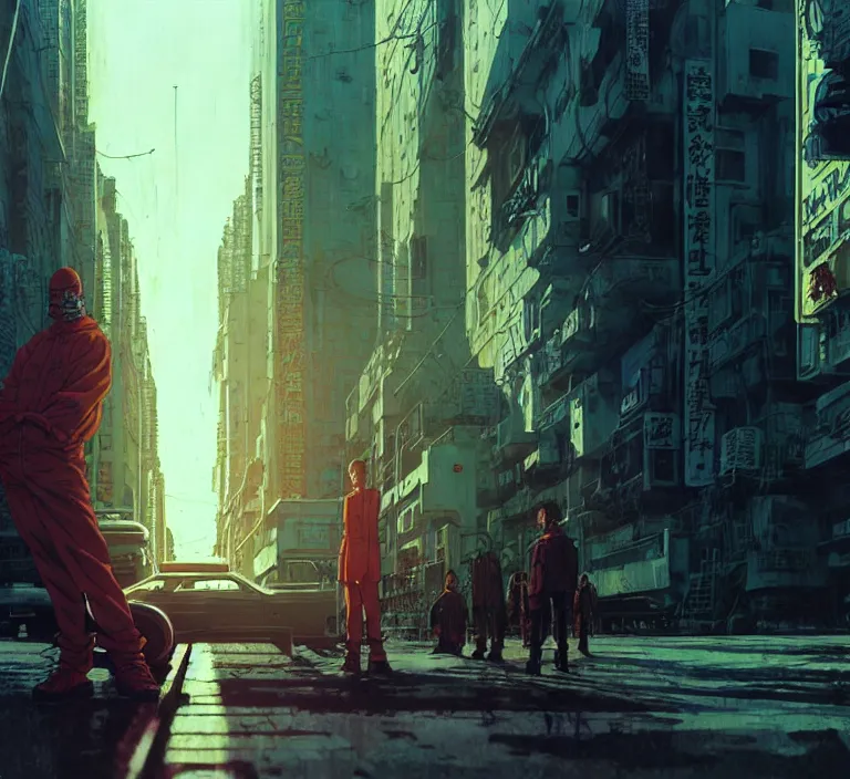 Image similar to realistic aesthetic highly detailed photography of characters in akira scene, characters with hyperrealistic highly detailed faces. from akira by katsuhiro otomo and alejandro hodorovski and denis villeneuve and gregory crewdson style with many details by mike winkelmann and vincent di fate in sci - fi style. volumetric natural light hyperrealism photo on dsmc 3 system