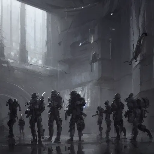 Image similar to concept art by greg rutkowski, soldiers wearing futuristic white and black tactical gear, preparing for combat, brutalist futuristic interior, dim lighting, detailed portraits, nostalgic atmosphere, scifi, digital painting, artstation, concept art, smooth, sharp foccus ilustration, artstation hq