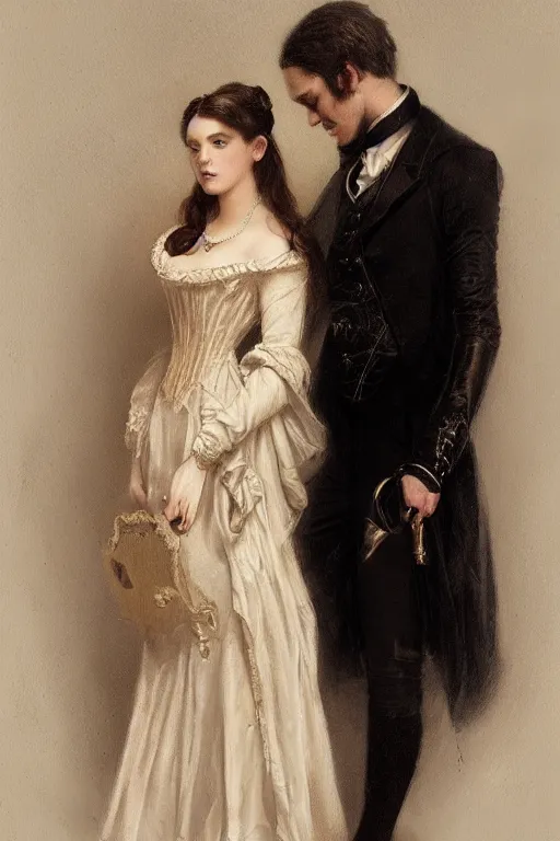 Prompt: a portrait of handsome young evil male Satan and his elegant beautiful wife, bored, Dressed in Victorian fashions, illustration, soft lighting, soft details, painting oil on canvas, octane render, HDR, 4k, 8k, HD, by Edmund Blair Leighton, Brom, Charlie Bowater, trending on artstation,