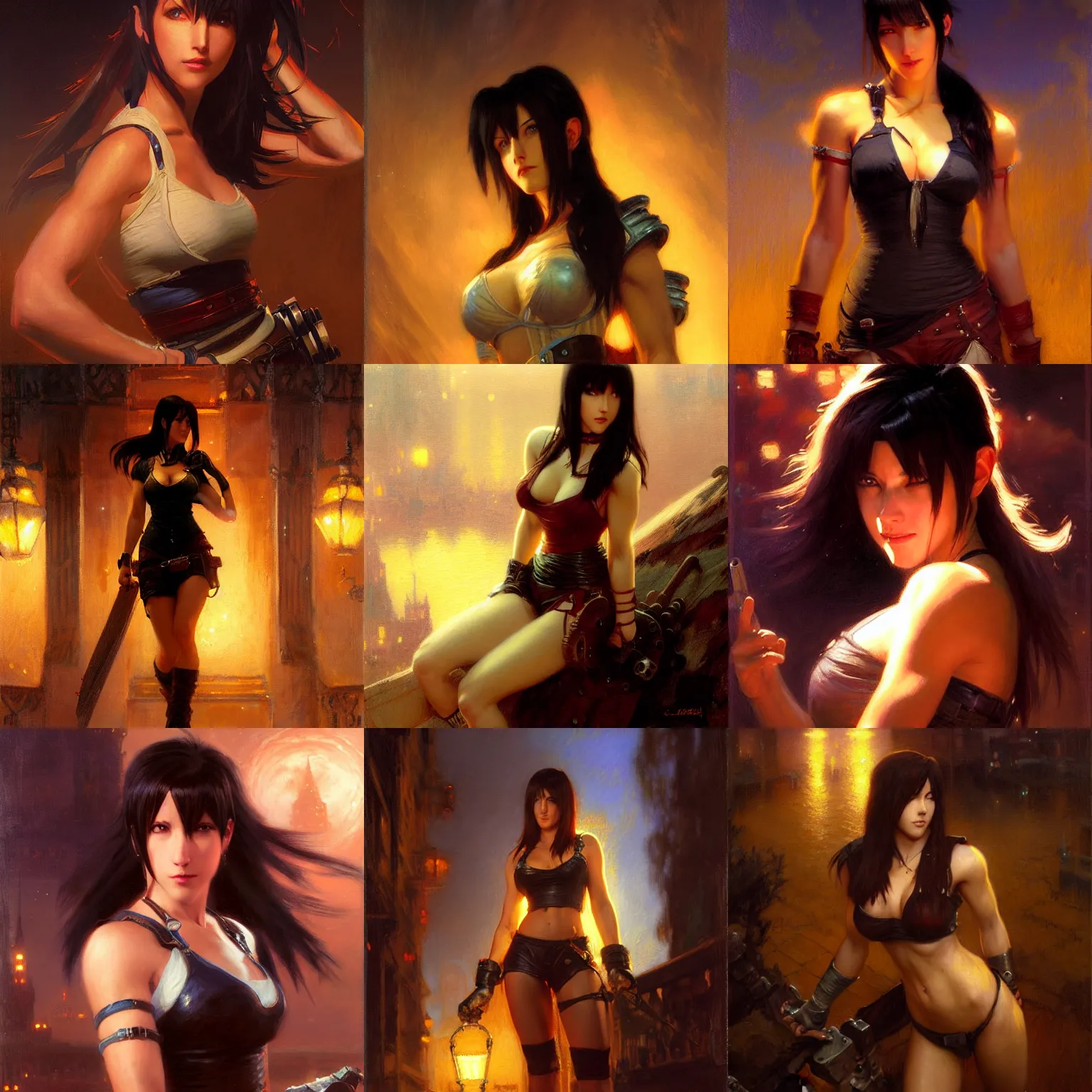 Prompt: tifa lockhart at nighttime, highly detailed painting by gaston bussiere, craig mullins, j. c. leyendecker 8 k