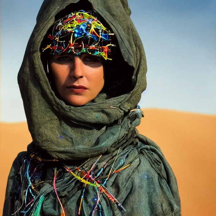 Prompt: closeup portrait of a woman with a hood made of wire and rainbows, standing in a fertile apocalyptic landscape, by Annie Leibovitz and Steve McCurry, natural light, detailed face, CANON Eos C300, ƒ1.8, 35mm, 8K, medium-format print