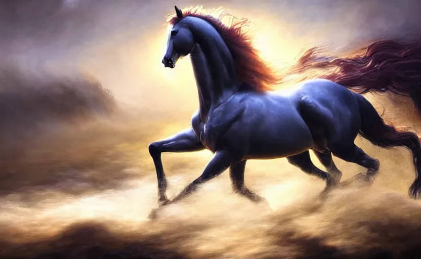 Prompt: a masterpiece oil painting of a proud horse galloping. wide angle, fantasy art, heroic lighting, very very very beautiful raytraced rendering, fog, finger of god
