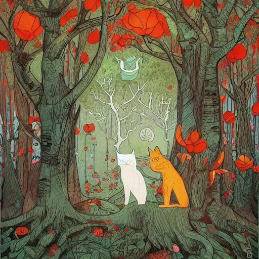 Prompt: cat in the magic forest by james jean