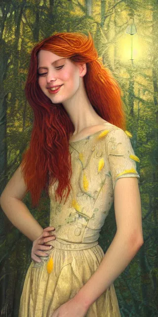 Image similar to young woman, serene smile, surrounded by golden firefly lights, amidst nature fully covered by a intricate detailed dress, long red hair, precise linework, accurate green eyes, small nose with freckles, smooth oval shape face, empathic, expressive emotions, spiritual scene, hyper realistic ultrafine art by artemisia gentileschi, jessica rossier, boris vallejo