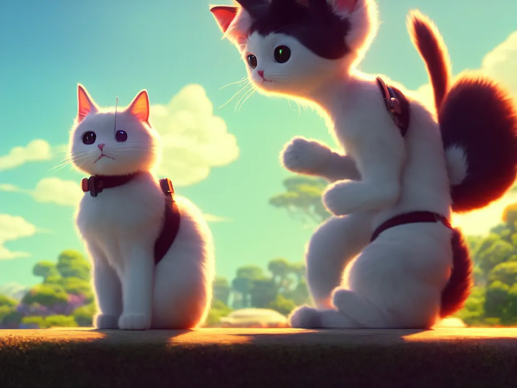 Prompt: a wholesome key shot of a cute android cat on the lap of its owner, low shot angle, studio ghibli, pixar and disney animation, sharp, rendered in unreal engine 5, anime key art by greg rutkowski and nixeu, full bloom, vibrant lighting