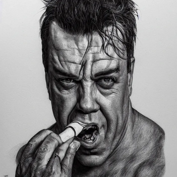 Image similar to portrait of till Lindemann. Detailed pencil drawing. trending on artstation, very coherent symmetrical artwork. He's eating a tomato. He cosplays thanos. cinematic, hyper realism, high detail, iridescent accents