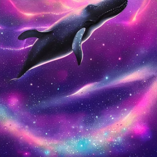 Image similar to portrait of whale swimming on a night sky, swimming across the universe, nebulae, purple and blue, galaxies, oniric, dreamy, beautiful, highly detailed, cinematic, trending on artstation