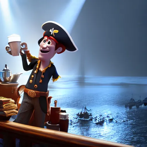 Prompt: a great pirate on his ship holding a cup of coffee. pixar style animation 3 d extremely gloomy lighting, shining light and shadow, atmospheric, cinematic, unreal engine, 8 k