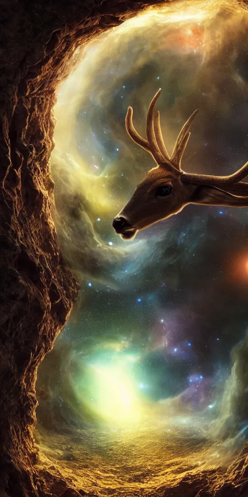 Image similar to a deer peering into a giant portal into the universe in the shape of a keyhole to the nebulae and galaxies, beautiful matte painting by weta workshop 4 k, cinematic dramatic atmosphere, dramatic lighting, trending on artstation