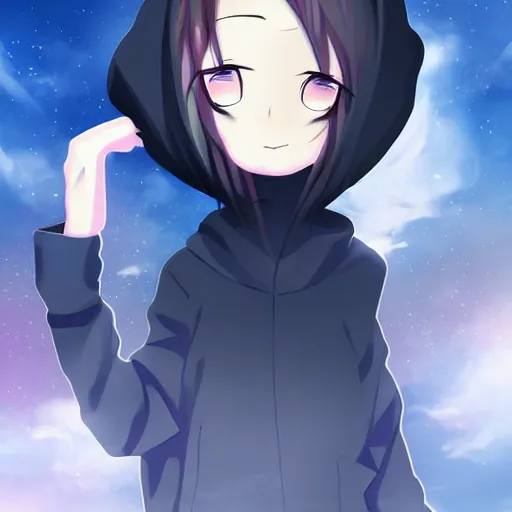 Anime boy character with black long fluffy wavy hair, wearing a blue hoodie  and glasses