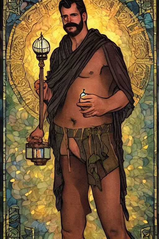 Prompt: tarot card of a shirtless handsome mustached cowboy | he is holding a lantern | cloak, dad bod, homoerotic, art deco, art nouveau | by louis comfort tiffany | trending on artstation