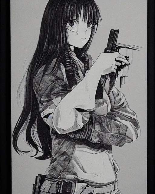 Image similar to portrait of a girl holding a pistol, detailed manga art panel, professional