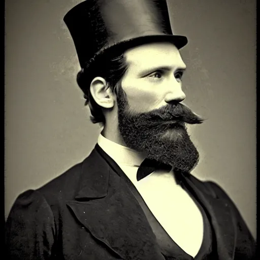 Image similar to A photograph portrait of Jerma985 in the mid-late 1800s with a top hat and beard, taken in the mid-late 1800s, grainy, taken on a Field View Camera, realistic, hyperrealistic, very realistic, highly detailed, very detailed, extremely detailed, detailed, digital art, trending on artstation