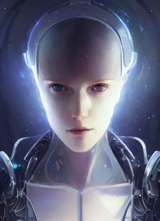 Image similar to close up pale woman in sci - fi bionic armor, looking at the camera very intensely, stoic, sparkling eyes, extremely beautiful and aesthetic and attractive detailed face and body, intricate, chiaroscuro, model pose, fantasy illustrations, light novel cover art, by makoto shinkai and jeremy lipking and ferdinand knab