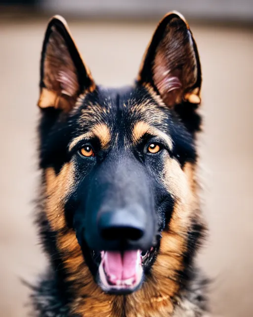 Prompt: An extremely scary studio photo of a snarling German Shepherd dog, bokeh, 90mm, f/1.4