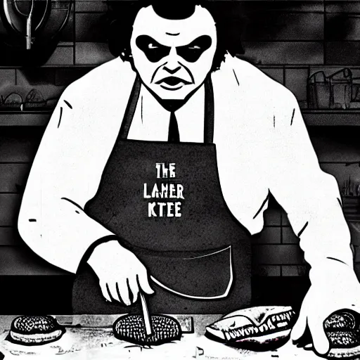 Prompt: leatherface making burger patties in a burger joint kitchen