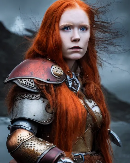 Prompt: north female warrior, red hair, ginger hair, long hair, fantasy, female Viking, high detailed, photography, cloudy, lightweight leather armour, Scandinavia, plain, detailed face, cute face, model, glowing skin, serious face, full body, professional photographer, masterpiece, 8k, 3D