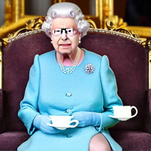 Image similar to Queen Elizabeth with giant hands holding a teacup