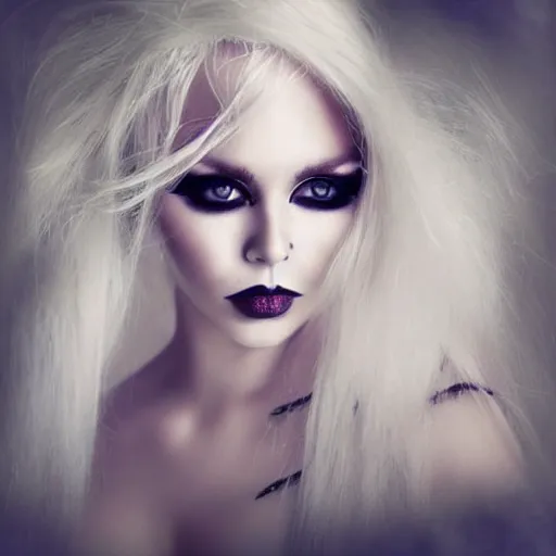 Image similar to modeling photograph kerli koiv, blonde, beautiful, dark, mysterious, bubble goth, detailed face, half body shot, fog dramatic