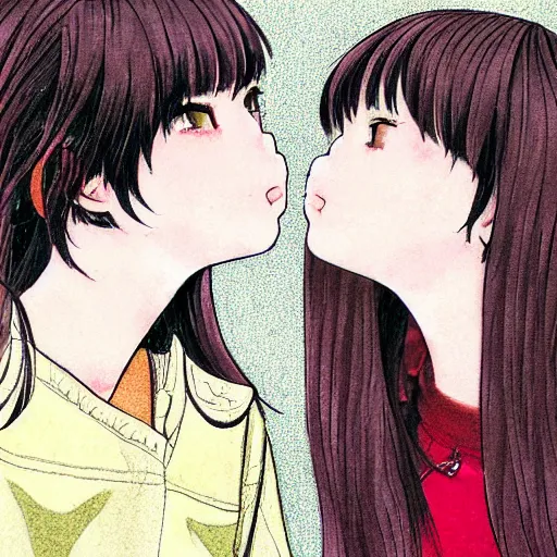 Image similar to portrait of two girls kissing, detailed manga art