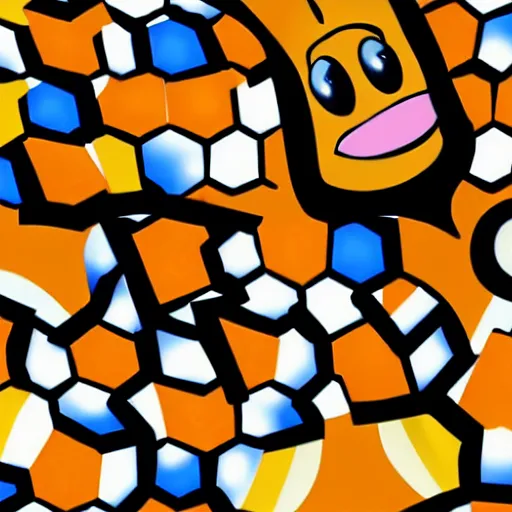 Image similar to a disney cartoon of a bee from Pixar with eyes that reflect a blue electric guitar, a background of orange hexagons filled with colored lights