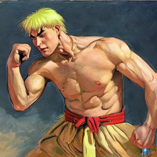 Image similar to ken from street fighter 2 in real life in the style of malczewski, jacek